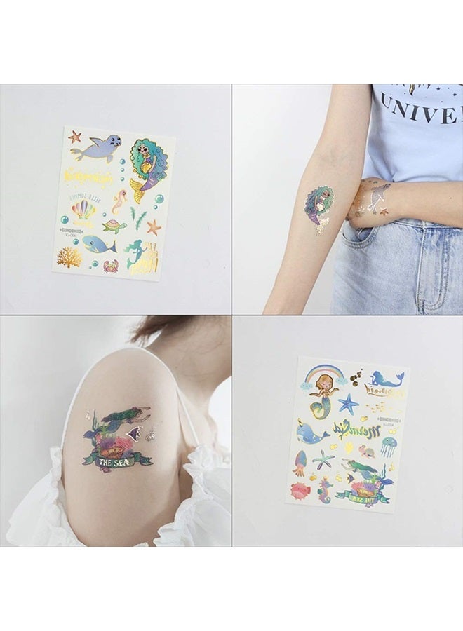 Oottati 6 Sheets Metallic Gold Super Cute Waterproof Temporary Tattoo Metallic Gold Silver Mermaid Scale Sea Horse Octopus Seal Shell Suit For Kids School Rewards Birthday Gift - Image 4