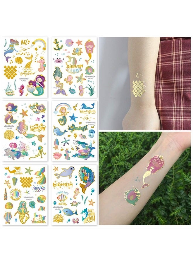 Oottati 6 Sheets Metallic Gold Super Cute Waterproof Temporary Tattoo Metallic Gold Silver Mermaid Scale Sea Horse Octopus Seal Shell Suit For Kids School Rewards Birthday Gift - Image 2