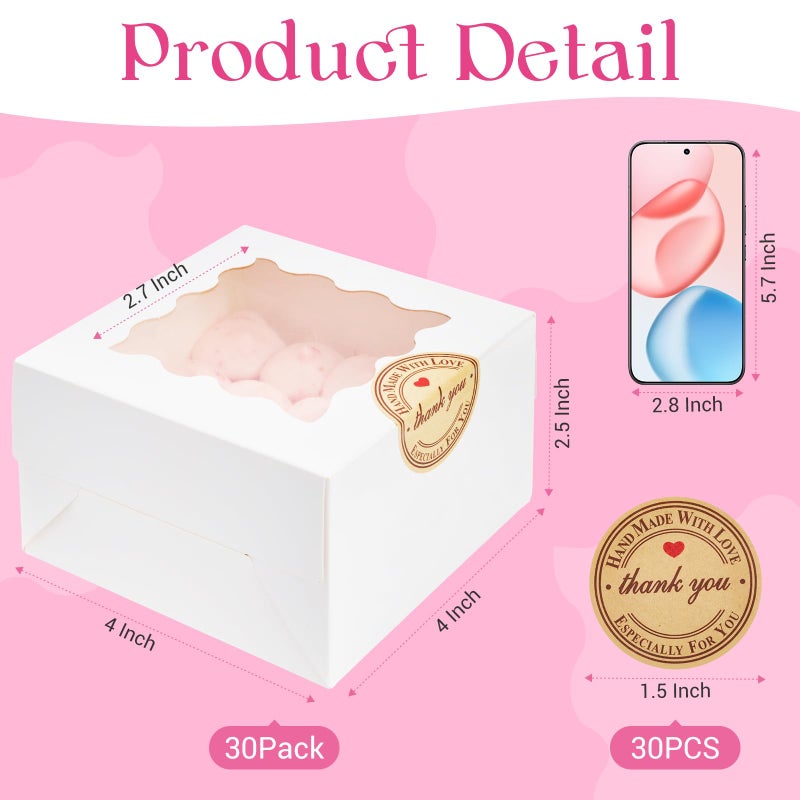 Homrelaxy 30pcs White Cookie Boxes with Window, 4x4x2.5 Inches Small Bakery Boxes with Stickers, for Mini Cake, Macaroon, Cupcakes, Treat Dessert, Candy, Donuts, Cookies, Strawberries, Chocolate - Image 2