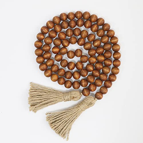 RAMIRABI 58in Wood Bead Garland with Tassels Farmhouse Rustic Country Decor Prayer Boho Wall Hanging Decoration Brown