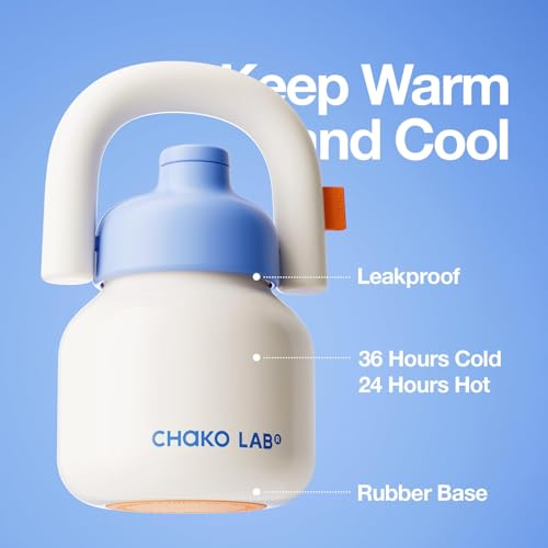 CHAKO LAB زجاجة ماء CHAKO LAB مع قشة ومقبض حمل | زجاجات فولاذية مقاومة للصدأ مع فم واسع معزولة بالفراغ | قابلة لإعادة الاستخدام، مانعة للتسرب وخالية من BPA | 33 أونصة (أبيض وأزرق) - Image 2