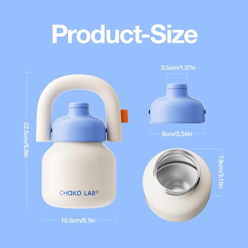 CHAKO LAB زجاجة ماء CHAKO LAB مع قشة ومقبض حمل | زجاجات فولاذية مقاومة للصدأ مع فم واسع معزولة بالفراغ | قابلة لإعادة الاستخدام، مانعة للتسرب وخالية من BPA | 33 أونصة (أبيض وأزرق) - Image 5