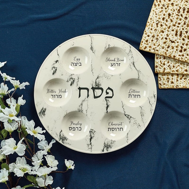 Rite Lite Marble Seder Plate Design Ceramic Passover Pesach Seder Dish Elegant & Modern Recipe Hebrew Jewish Holiday Party Decor Judaism Gifts 12'' - Image 2