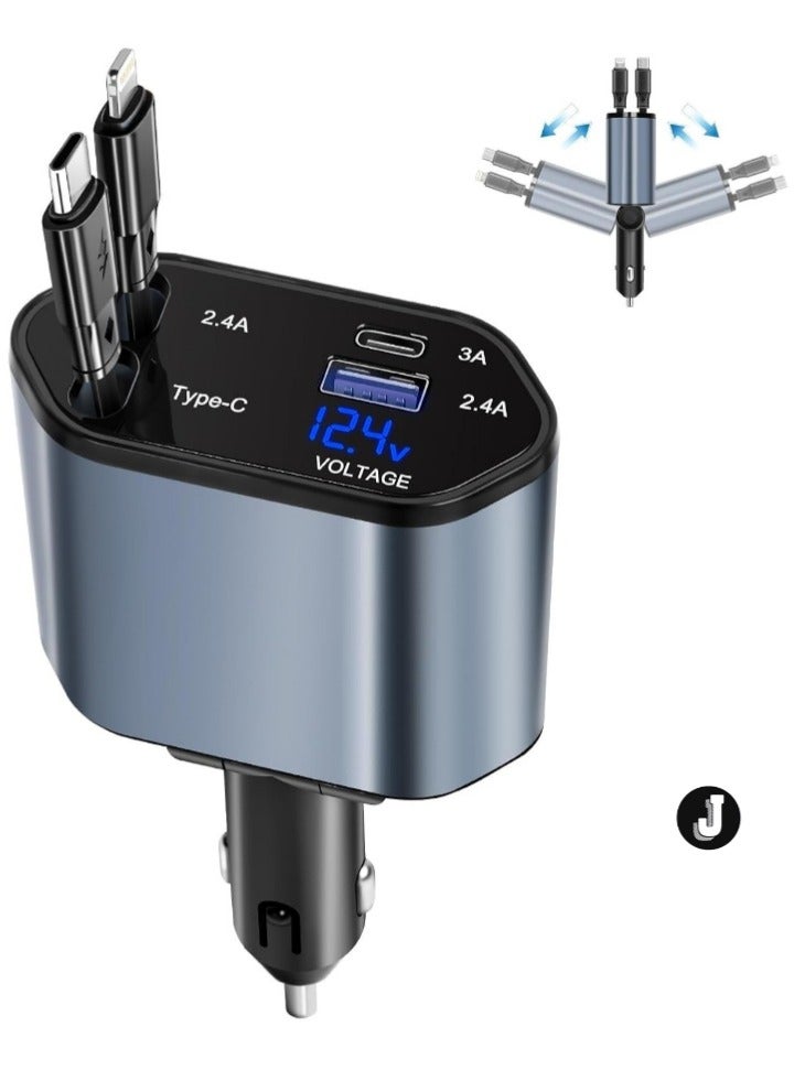 JAJEEK "Retractable Car Charger – 4-in-1 Fast Car Phone Charger (2 Retractable Cables + 2 USB Ports) Type-C Adapter for iPhone, Samsung, Google, iPad & More" - Image 1