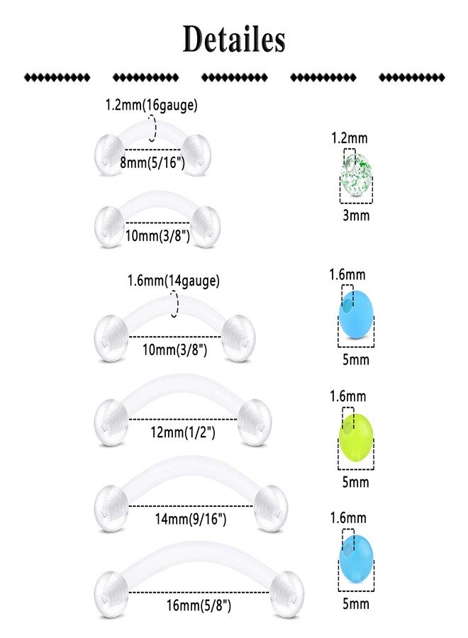 QWALIT 14g Plastic Industrial Barbell Earrings Pregnancy Belly Button Ring Tongue Rook Eyebrow Piercing Retainer Flexible Clear Curved Barbell Replacement Balls for Work Surgery, Plastic - Image 2