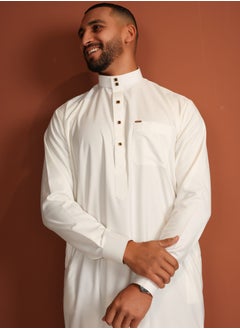 Yigo by Mariam Qamis Bah – Men’s Long Qamis in Pure White | Premium Italian Fabric with Chest Pocket | Tailored Fit | Mens Thobes  - Image 1