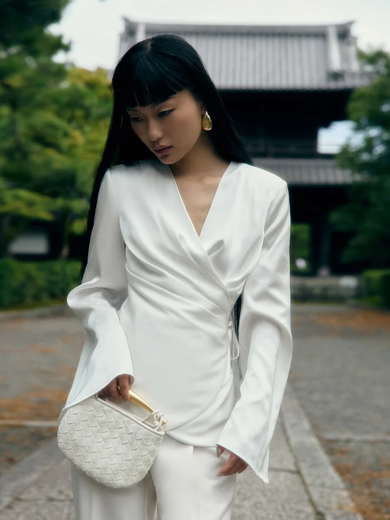 Lichi Satin kimono wrap blouse with waist ties
