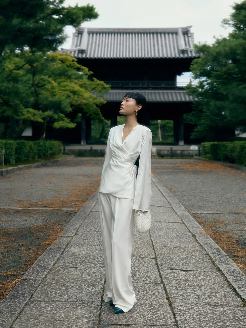 Lichi Satin kimono wrap blouse with waist ties