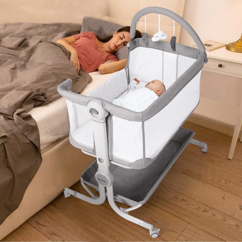 Cowiewie Cowiewie Baby Bassinet Bedside Sleeper with Storage BasketWheels  Hanging Toys Easy Folding Portable Bassinet with Wheels Adjustable Height Portable Bassinets for NewbornHandbag