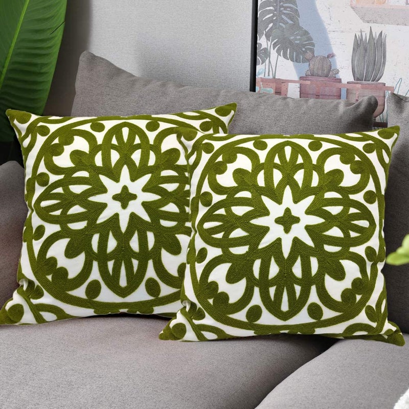 Alysheer Embroidered Decorative Throw Pillow Covers 18"x18" Set of 2 Pieces, Chic Boho Mandala Knit Pattern, Durable 100% Cotton Canvas Cushion Cases for Sofa Couch Living Room(Olive Green) - Image 1
