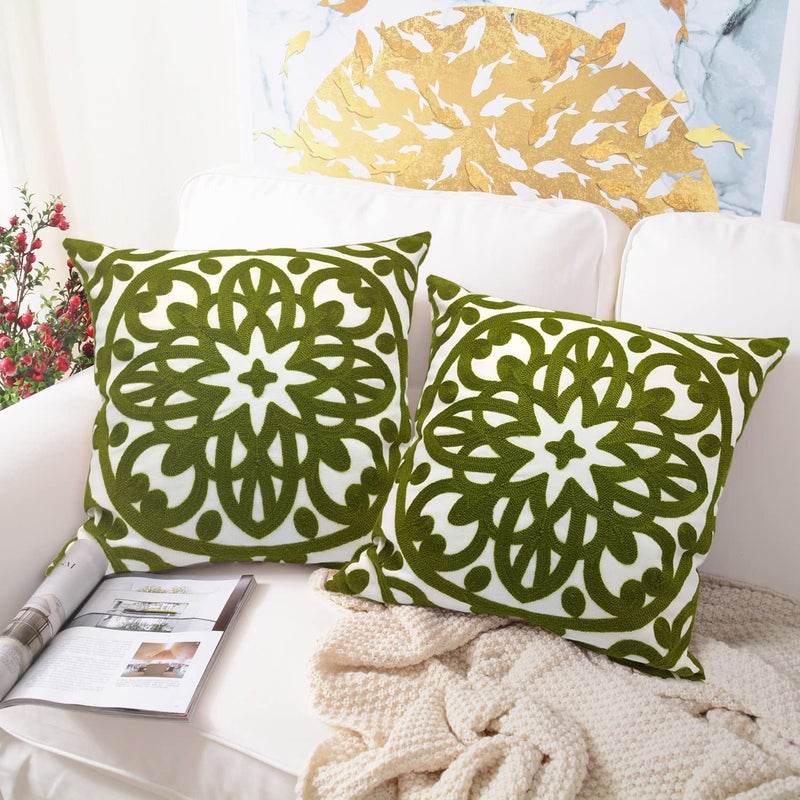 Alysheer Embroidered Decorative Throw Pillow Covers 18"x18" Set of 2 Pieces, Chic Boho Mandala Knit Pattern, Durable 100% Cotton Canvas Cushion Cases for Sofa Couch Living Room(Olive Green) - Image 4