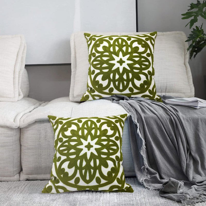 Alysheer Embroidered Decorative Throw Pillow Covers 18"x18" Set of 2 Pieces, Chic Boho Mandala Knit Pattern, Durable 100% Cotton Canvas Cushion Cases for Sofa Couch Living Room(Olive Green) - Image 2