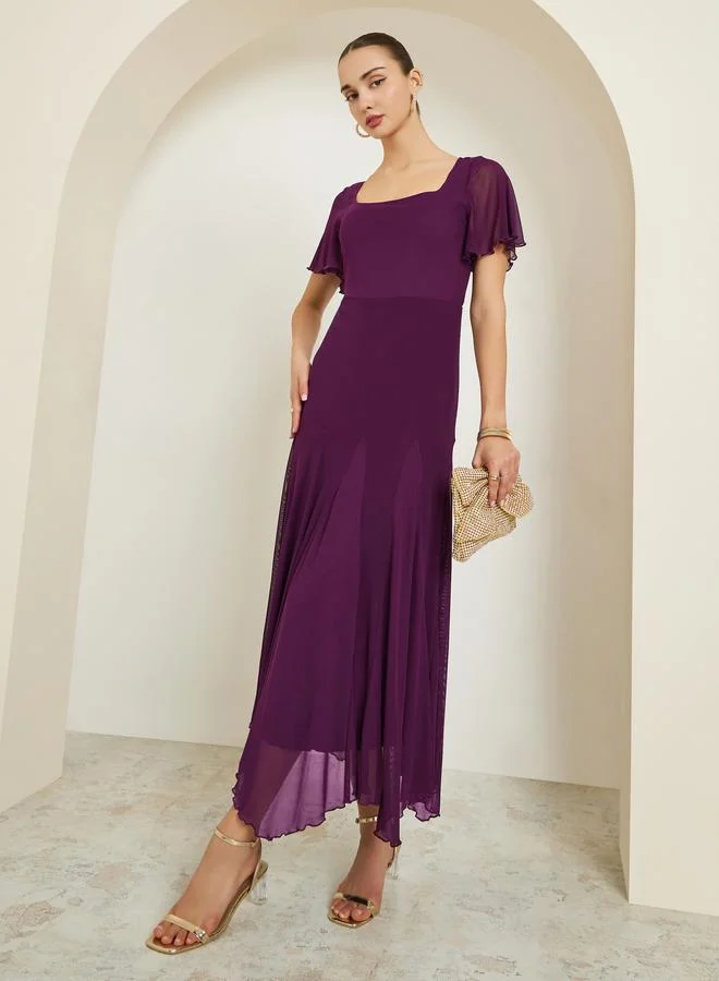 Purple Square Neck A-Line Maxi Dress