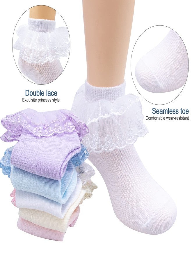 Looching 4/5/6 Pack Baby Toddler Girls Ruffle Socks White Princess Eyelet Frilly Lace Ankle Cotton Dress Socks for Little/Big Kids 3-5T - Image 3
