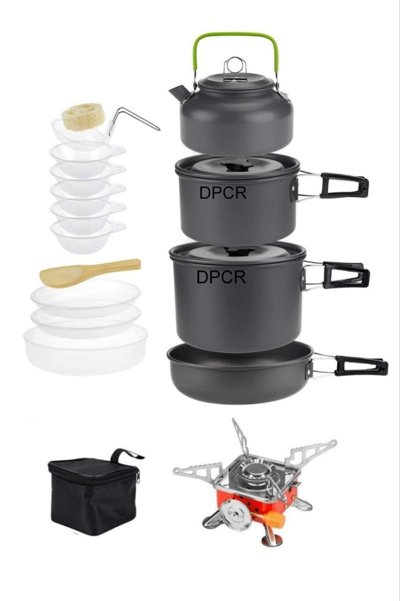 DPCR Camping Cooking Mess Kit with Gas Stove, Lightweight Hiking Cookware Set with Mesh Bag, Nonstick Aluminum Cooking Kit, Pot Pan Kettle Mess Kit with Gas Stove (4-5 Person) - Image 1