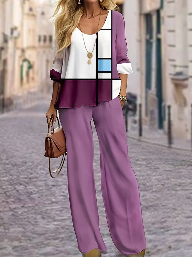 Cross-border foreign trade European and American long sleeve suit Amazon autumn new round neck linen printed coat shirt suit 2010100304 - Image 4
