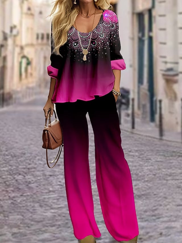 Cross-border foreign trade European and American long sleeve suit Amazon autumn new round neck linen printed coat shirt suit 2010100304 - Image 1