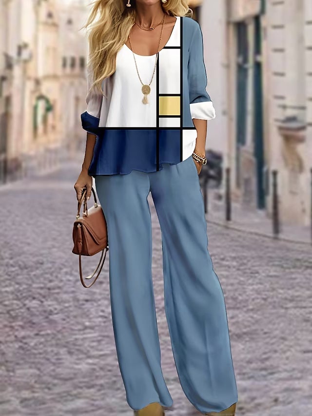 Cross-border foreign trade European and American long sleeve suit Amazon autumn new round neck linen printed coat shirt suit 2010100304 - Image 3
