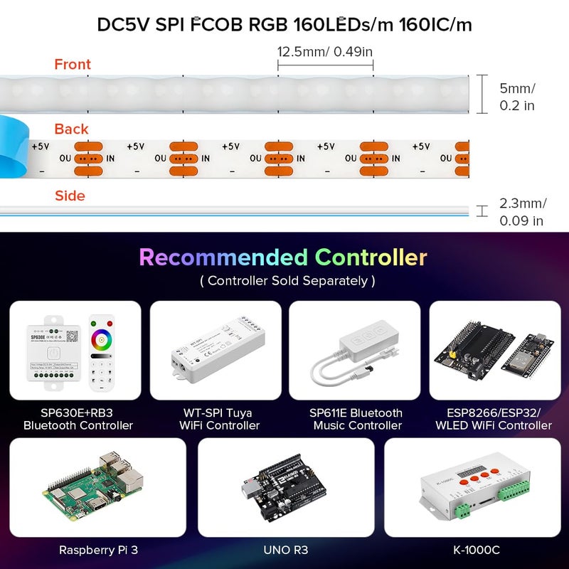BTF-LIGHTING FCOB COB XGB1338(WS2812B) IC RGB 160LED/m 160IC LED Strip DC5V 3.2FT Individual Addressable Flexible High Density Uniform Light Dream Chasing Color 0.19in Width(NO Adapter or Controller) - Image 4