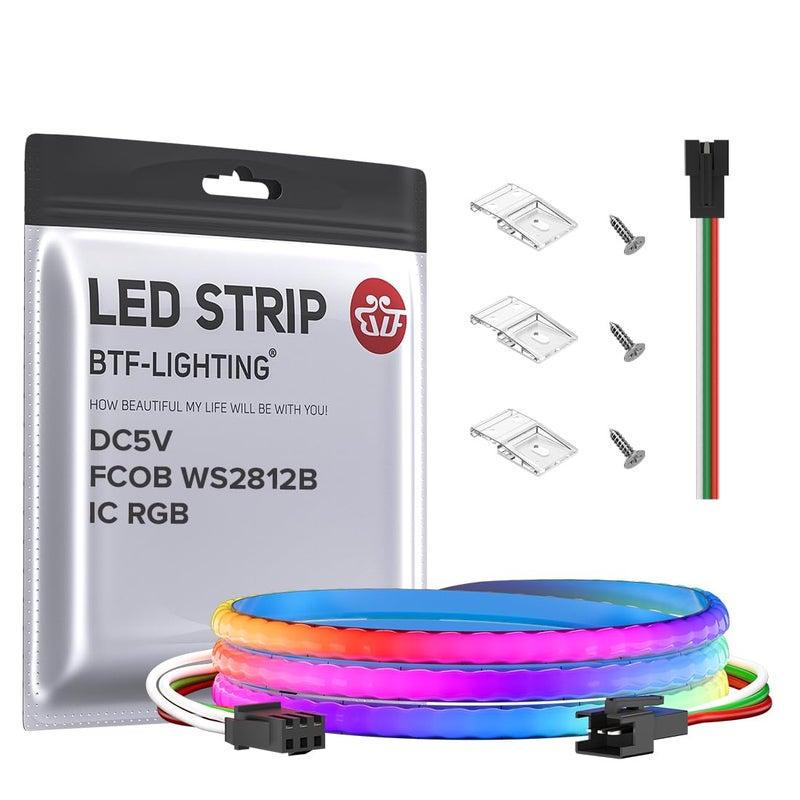 BTF-LIGHTING FCOB COB XGB1338(WS2812B) IC RGB 160LED/m 160IC LED Strip DC5V 3.2FT Individual Addressable Flexible High Density Uniform Light Dream Chasing Color 0.19in Width(NO Adapter or Controller) - Image 1
