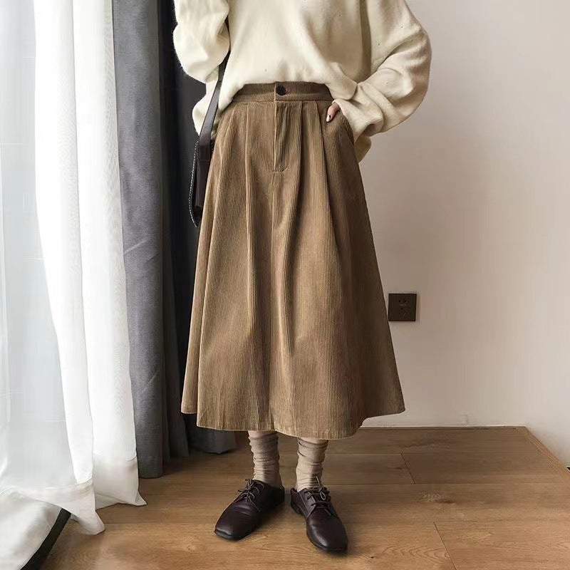 Corduroy skirt for women 2024 Spring and Autumn New High waist slimming casual temperament A- line skirt retro Hong Kong style dress Khaki - Image 1