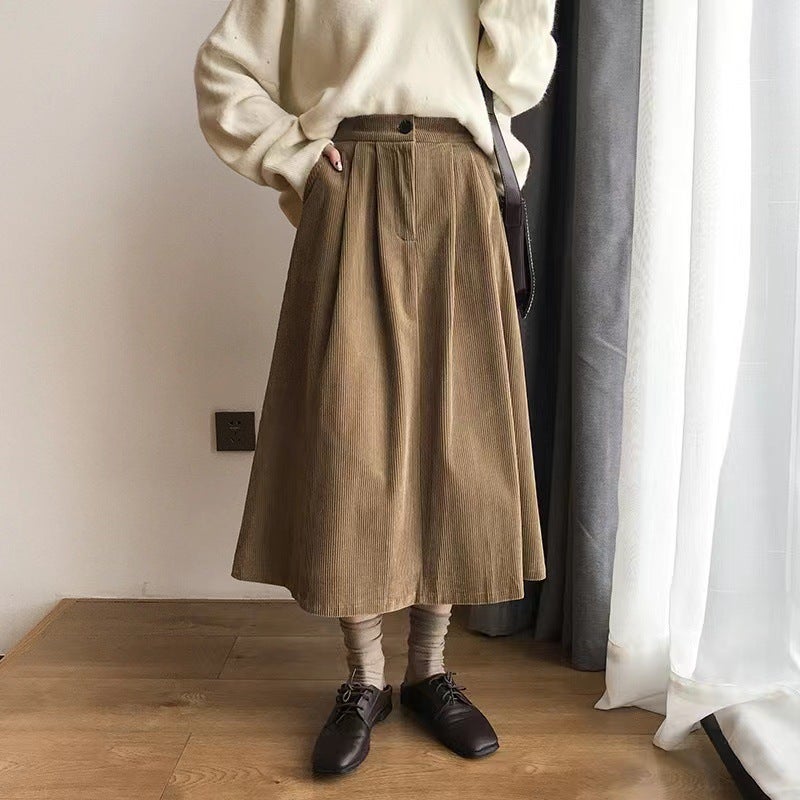 Corduroy skirt for women 2024 Spring and Autumn New High waist slimming casual temperament A- line skirt retro Hong Kong style dress Khaki - Image 2
