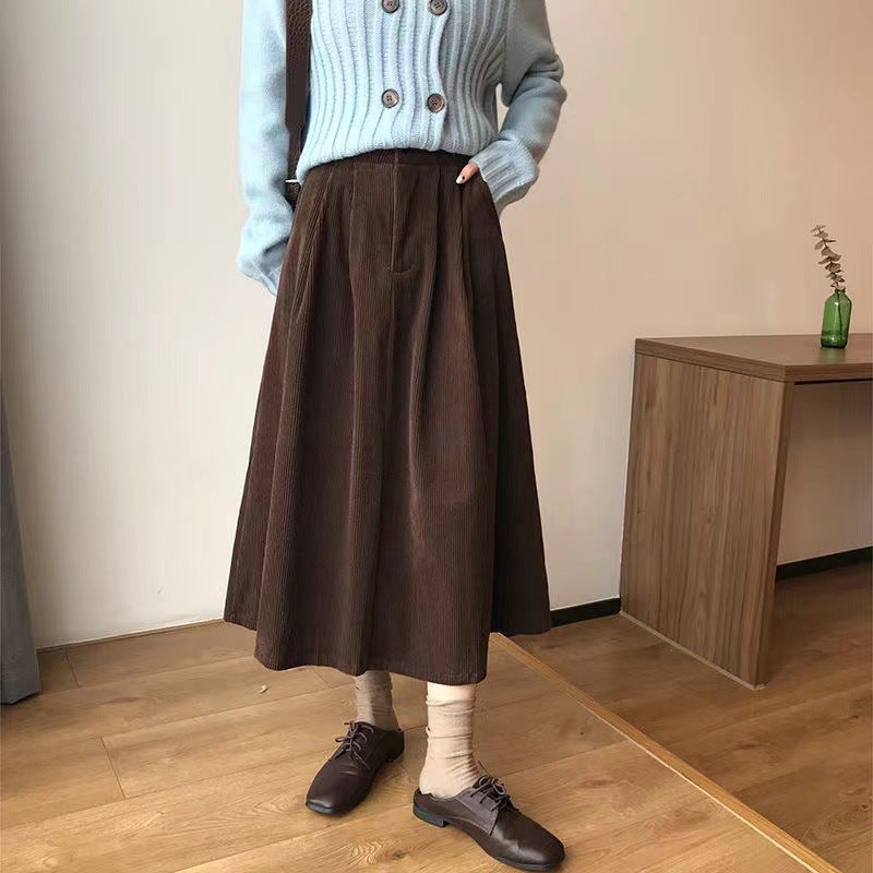 Corduroy skirt for women 2024 Spring and Autumn New High waist slimming casual temperament A- line skirt retro Hong Kong style dress Khaki - Image 4