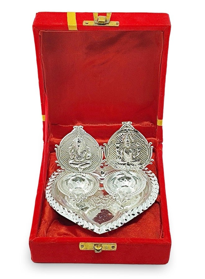 NOBILITY German Silver Diya with Red Velvet Gift Box Ganesh Lakshmi Design Idol Dia Pooja Items Diwali Decoration Puja Gifts Handmade Oil Lamp Traditional Indian Deepawali Gift Items - Image 1