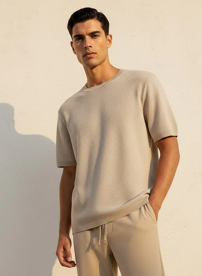 ايكونيك Iconic Men Regular Fit Crew Neck Short Sleeves Textured T-shirt