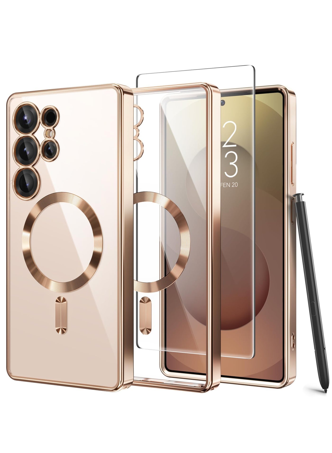 GolbinBox Magnetic Case Compatible with Samsung Galaxy S25 Ultra Compatible with MagSafe [Full Camera Protection][Screen Protector] Shockproof Plating Clear Phone Cover for Galaxy S25 Ultra(Rose Gold/