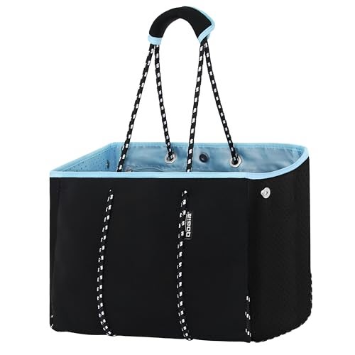 QOGiR Neoprene Multipurpose Beach Bag Tote with Inner Zipper Pocket (Pure Black, Large) - Image 1