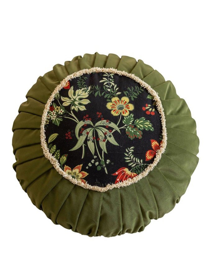 vctops Round Throw Pillow with Zipper Vintage Spring Floral Pillow Cushion Soft Velvet Pleated Throw Pillows for Couch Chair Bed Car (Green,18") - Image 1