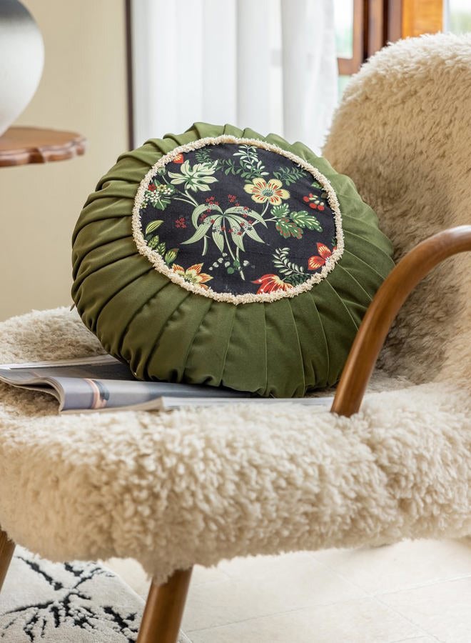vctops Round Throw Pillow with Zipper Vintage Spring Floral Pillow Cushion Soft Velvet Pleated Throw Pillows for Couch Chair Bed Car (Green,18") - Image 2