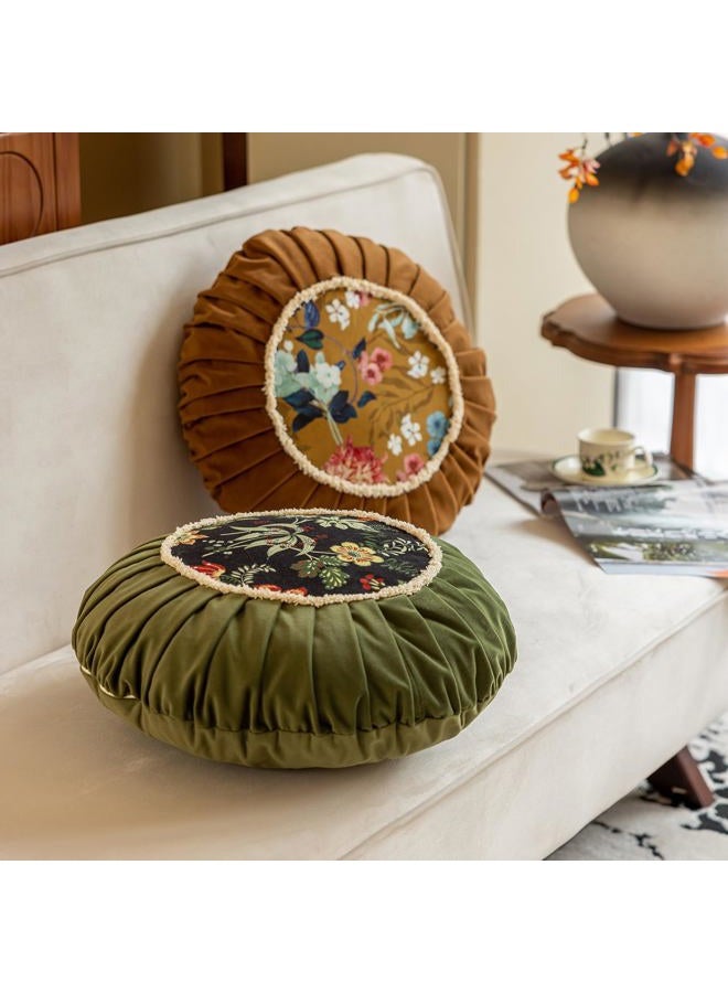 vctops Round Throw Pillow with Zipper Vintage Spring Floral Pillow Cushion Soft Velvet Pleated Throw Pillows for Couch Chair Bed Car (Green,18") - Image 4