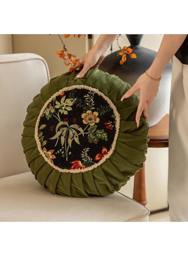 vctops Round Throw Pillow with Zipper Vintage Spring Floral Pillow Cushion Soft Velvet Pleated Throw Pillows for Couch Chair Bed Car (Green,18") - Image 5