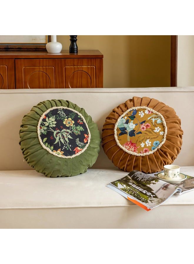 vctops Round Throw Pillow with Zipper Vintage Spring Floral Pillow Cushion Soft Velvet Pleated Throw Pillows for Couch Chair Bed Car (Green,18") - Image 3