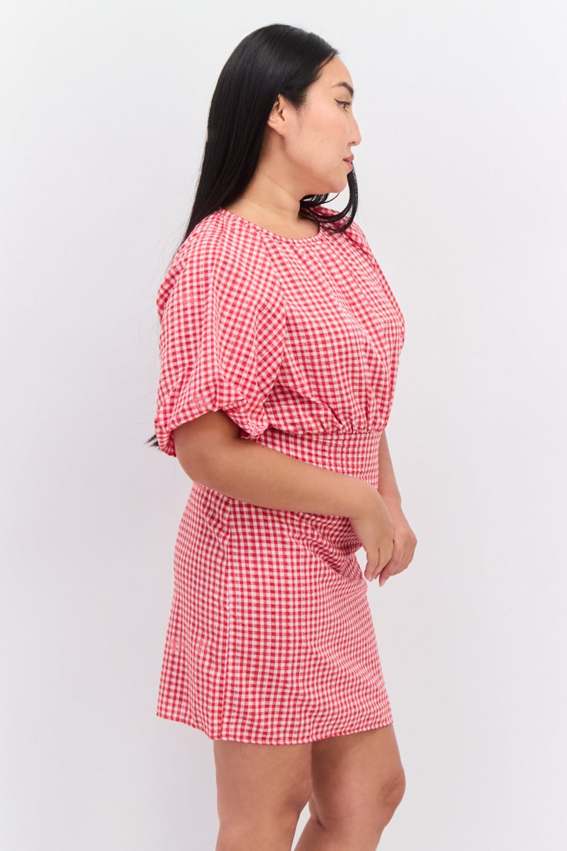 trendyol Women Micro Checkered Mini Dress, Red - Image 3