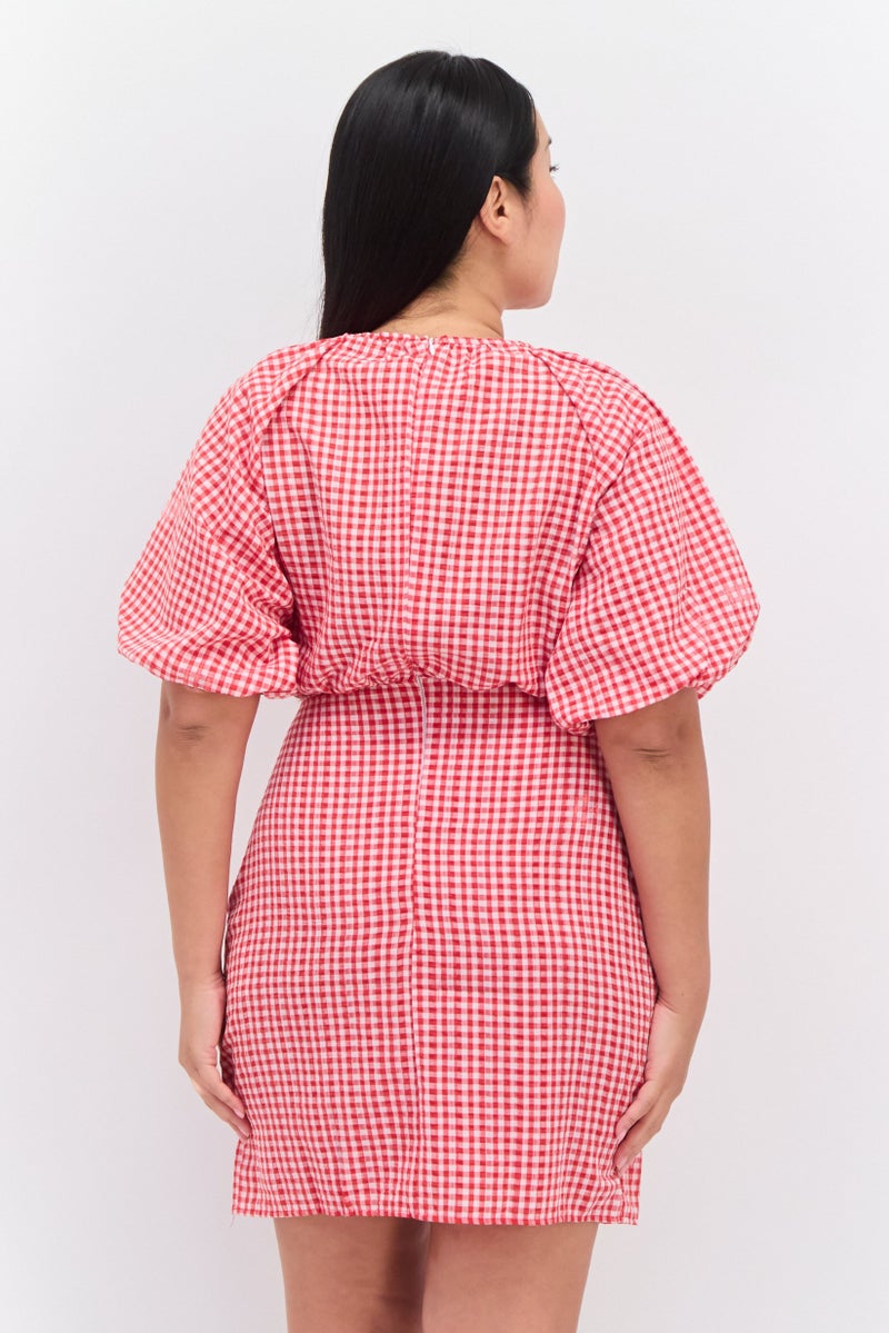 trendyol Women Micro Checkered Mini Dress, Red - Image 2