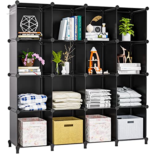 Neprock 16 Cubby Storage Organizer, Closet Clothes Storage Organizer, Cube Shelves Closet Organizers and Storage Shelves for Clothing Storage with Hammer, Bookshelf for Kids（Black） - Image 1
