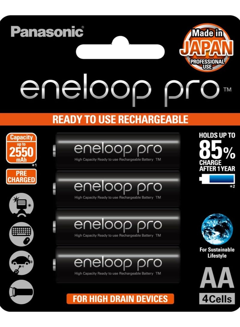 Panasonic eneloop pro AA 2550mAh Rechargeable Batteries, Pack of 4, BK-3HCCE4BT3 - Image 1