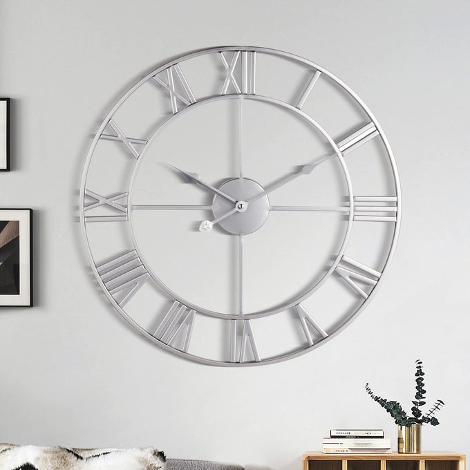 LARGE WALL CLOCK METAL RETRO ROMAN NUMERAL CLOCK MODERN ROUND WALL CLOCKS ALMOST SILENT EASY TO READ FOR LIVING ROOMHOMEKITCHENBEDROOMOFFICESCHOOL DECOR SILVER 185 INCH