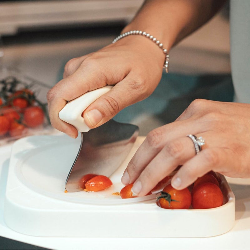 totchop Sharp Rocker Knife for Adults – Chef-Grade Kitchen Knife for Parents and Kids 12+ with Non-Slip Cutting Board, Dishwasher Safe, One-Handed Meal Prep, Microplastic-Free Insert (Coconut Cream) - Image 2