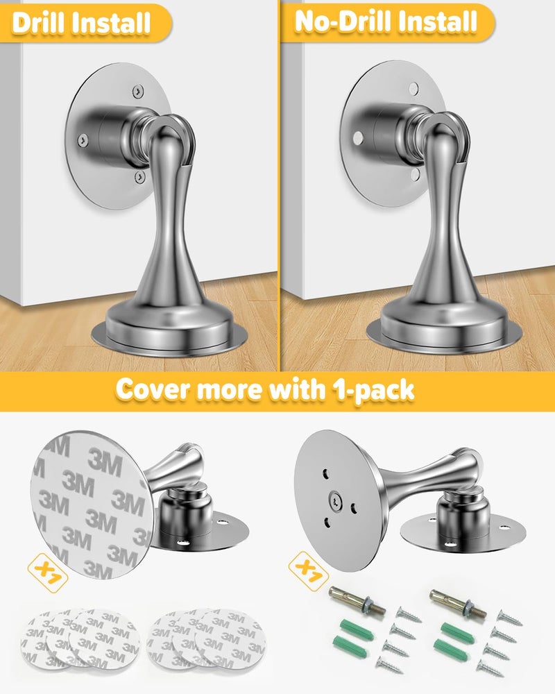 HELEMAN Door Stoppers Magnetic Door Stop - 1 Pack Stainless Steel Powerful Doorstop Catch for Wall Floor - Heavy Duty Hold Door No Drilling Double-Sided Adhesive & Screws Keep Door Open, Silver - Image 4
