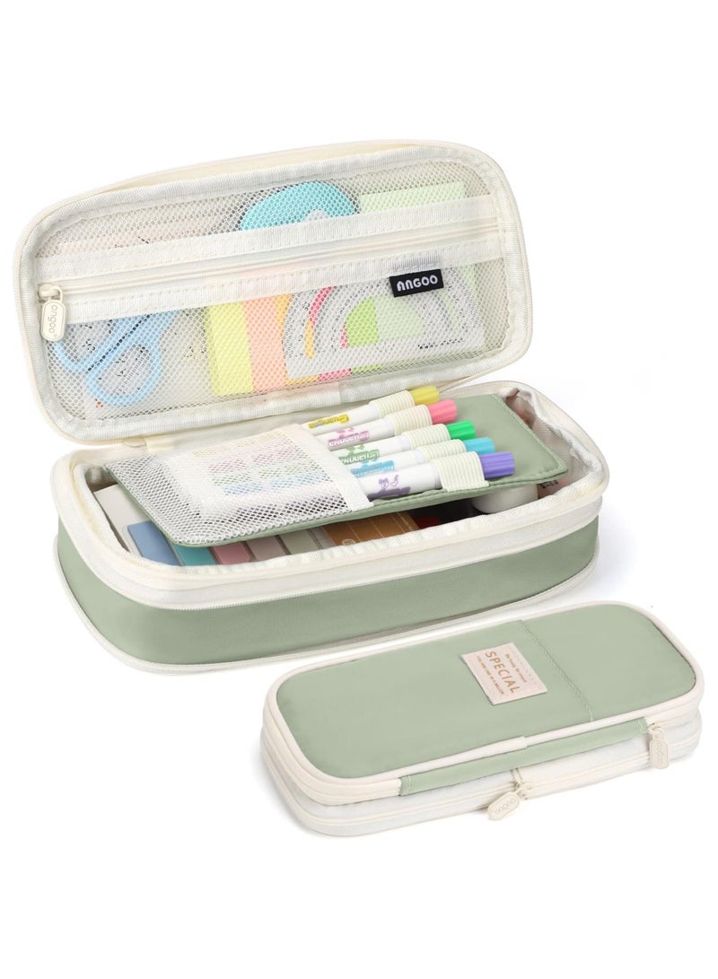 Flushrenic High Capacity Pencil Case,Stationery Pouch Pen Case, Pencil Pouch with Zipper Compartments, for School Teen Girl Boy Men Women (Green) - Image 1