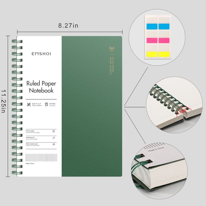 EMSHOI A4 Spiral Notebook College Ruled Lined Journal, 11.2" X 8.27", 300 Pages/150 Sheets, Easy Tear Perforated Pages, 100gsm Thick Paper, Waterproof Softcover, for School Work Writing-Green - Image 2