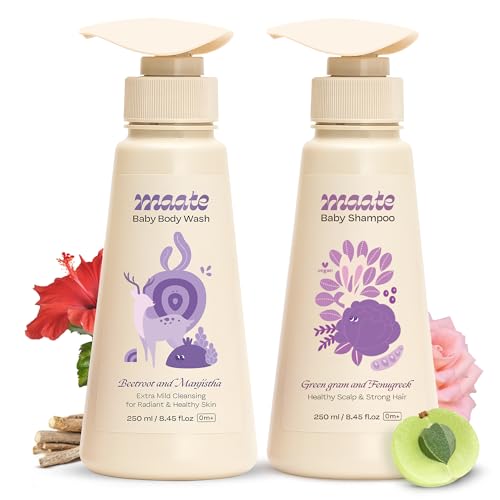 Maate Baby Body Wash (250 ml) & Shampoo (250 ml) Combo (Pack of 2) | With Ayurvedic Herbs, Beetroot & Fenugreek | Paraben & Sulphate-Free | pH Balanced, Soap Free & Tear-Free | Baby Body Wash for Bath - Image 1