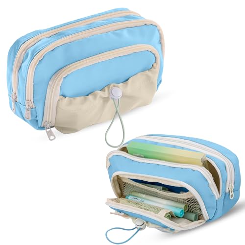 Lyrovo Pouch for School Girls and Boys Pencil Case with Mesh Compartments and Adjustable Drawstring Pocket (Black) - Image 1