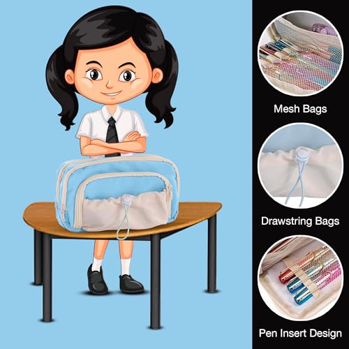 Lyrovo Pouch for School Girls and Boys Pencil Case with Mesh Compartments and Adjustable Drawstring Pocket (Black) - Image 4