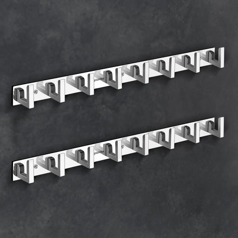 Plantex Aluminum Hook Rail with L-Shape Hooks for Walls of Bathroom/Kitchen-Hook Rail Bar for Clothes/Towel/Keys-Pack of 2 (8 Hooks,Chrome) - Image 1