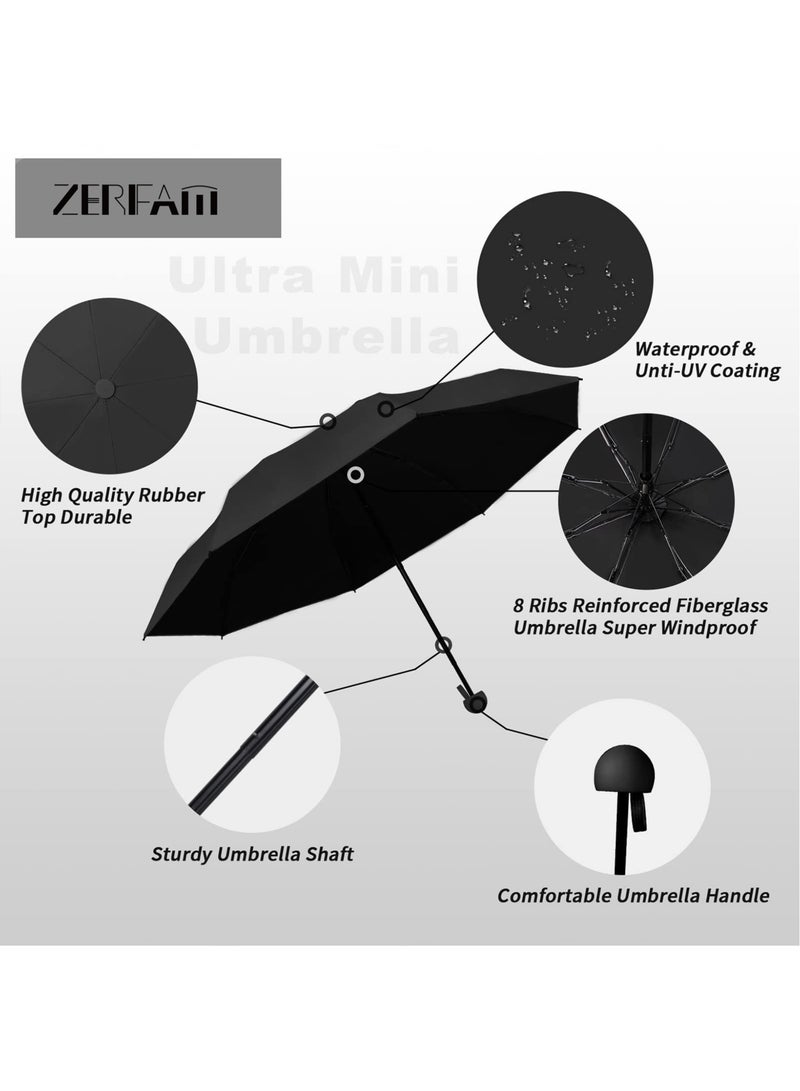 زيريفام مظلة صغيرة للسفر، مظلة صغيرة مدمجة قابلة للطي مع حقيبة، 6 أضلاع، مظلة محمولة خفيفة الوزن وخفيفة الوزن، مظلات فوق البنات والأشعة فوق البنفسجية بجيب للمطر والشمس للأطفال البنات الأولاد النساء (أسود) - Image 4